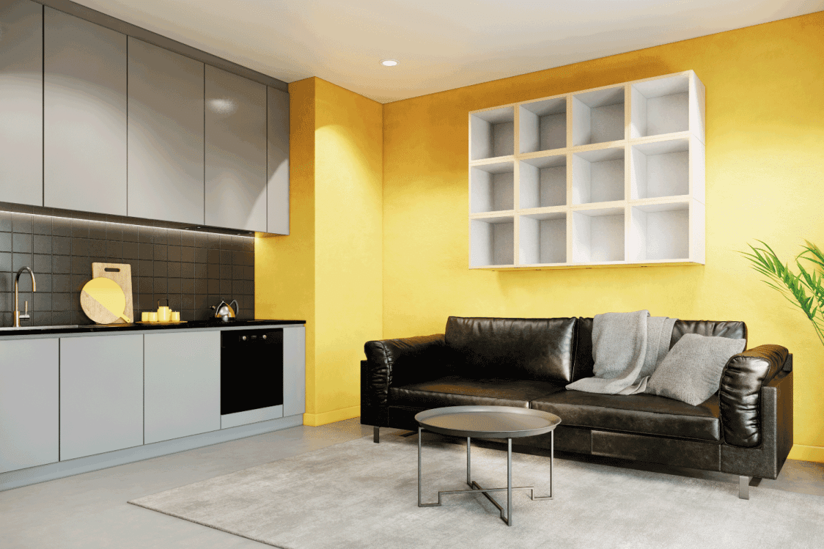 modern apartment interior background, yellow wall, kitchen
