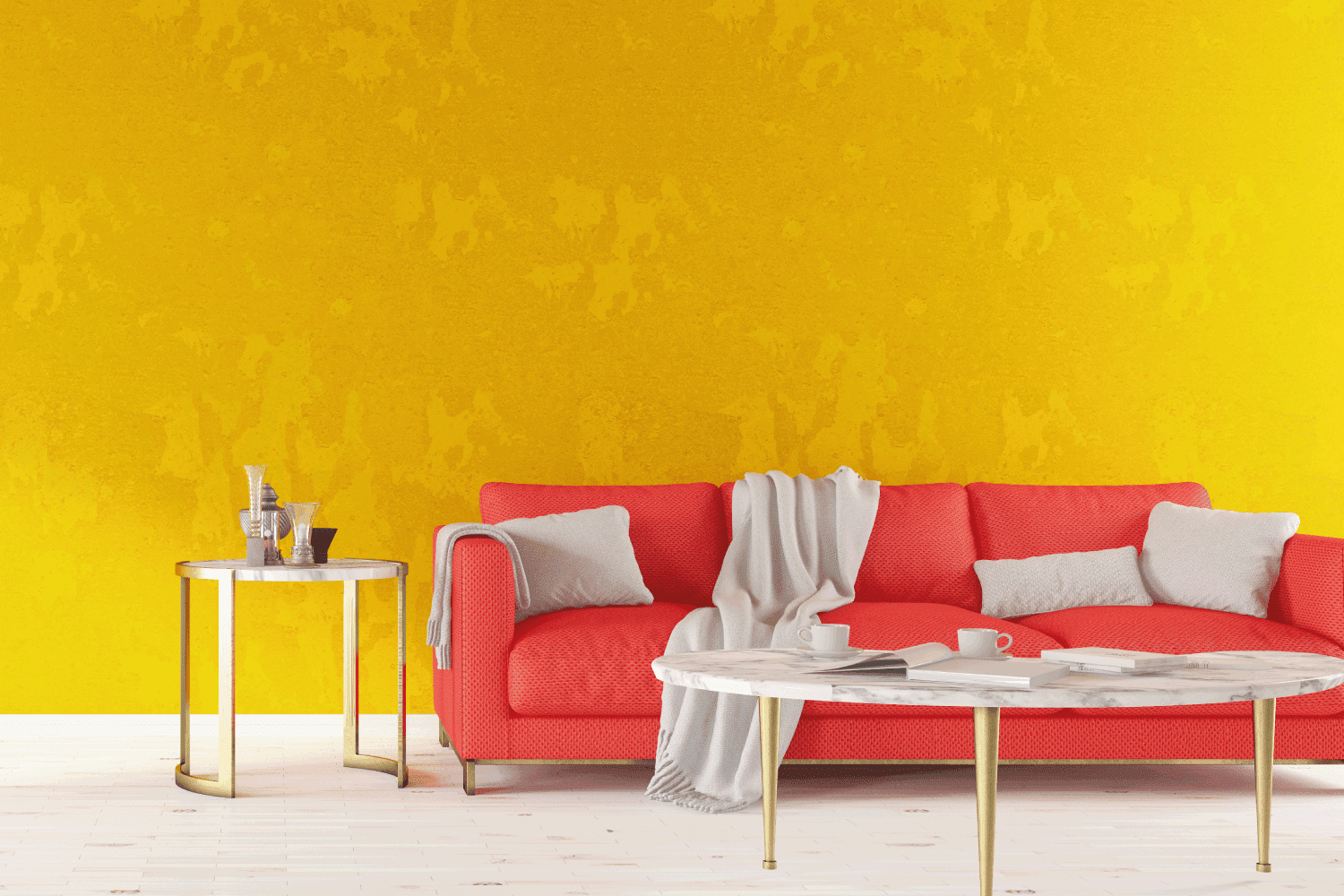 yellow interior living room with orange couch
