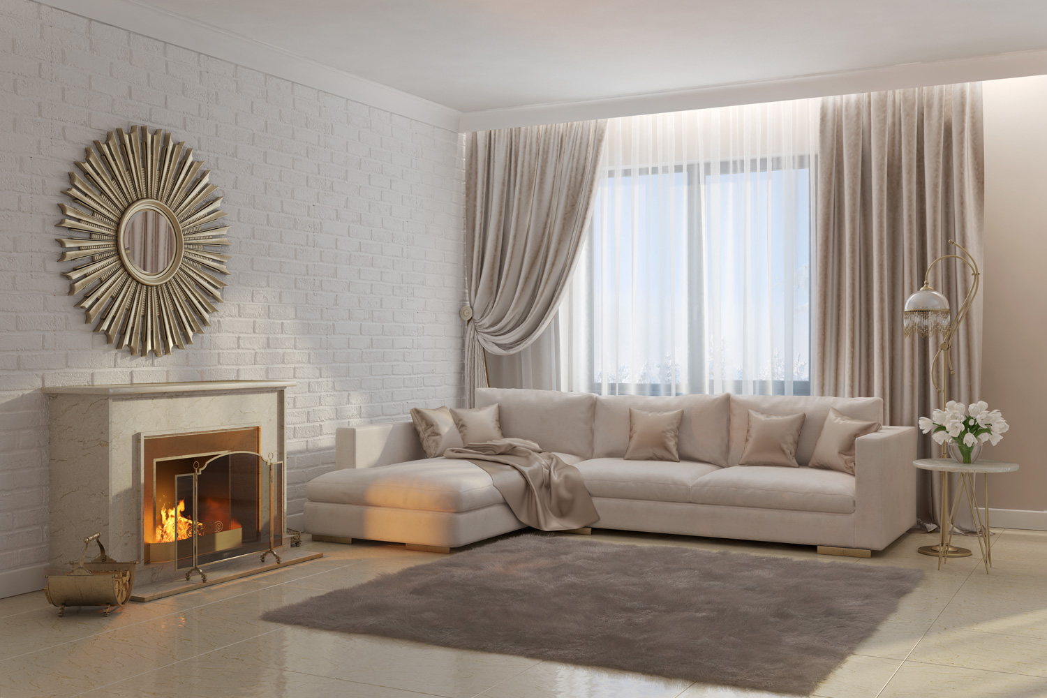 3d illustration of bright and cozy living room with fireplace and mirror