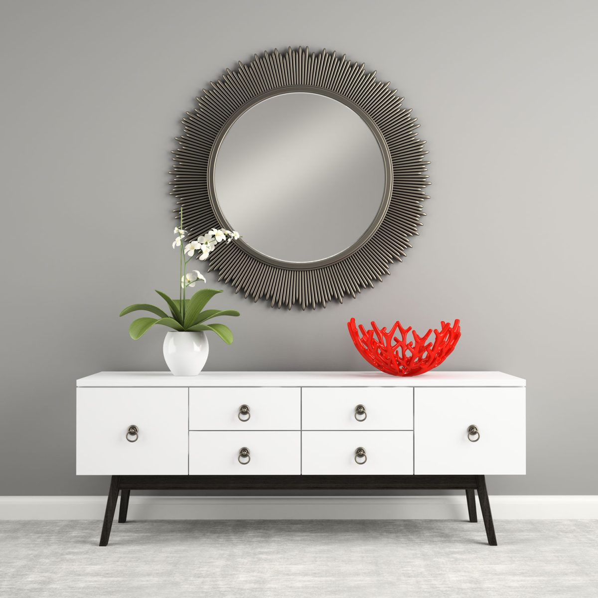 A round mirror and matched with a white console table