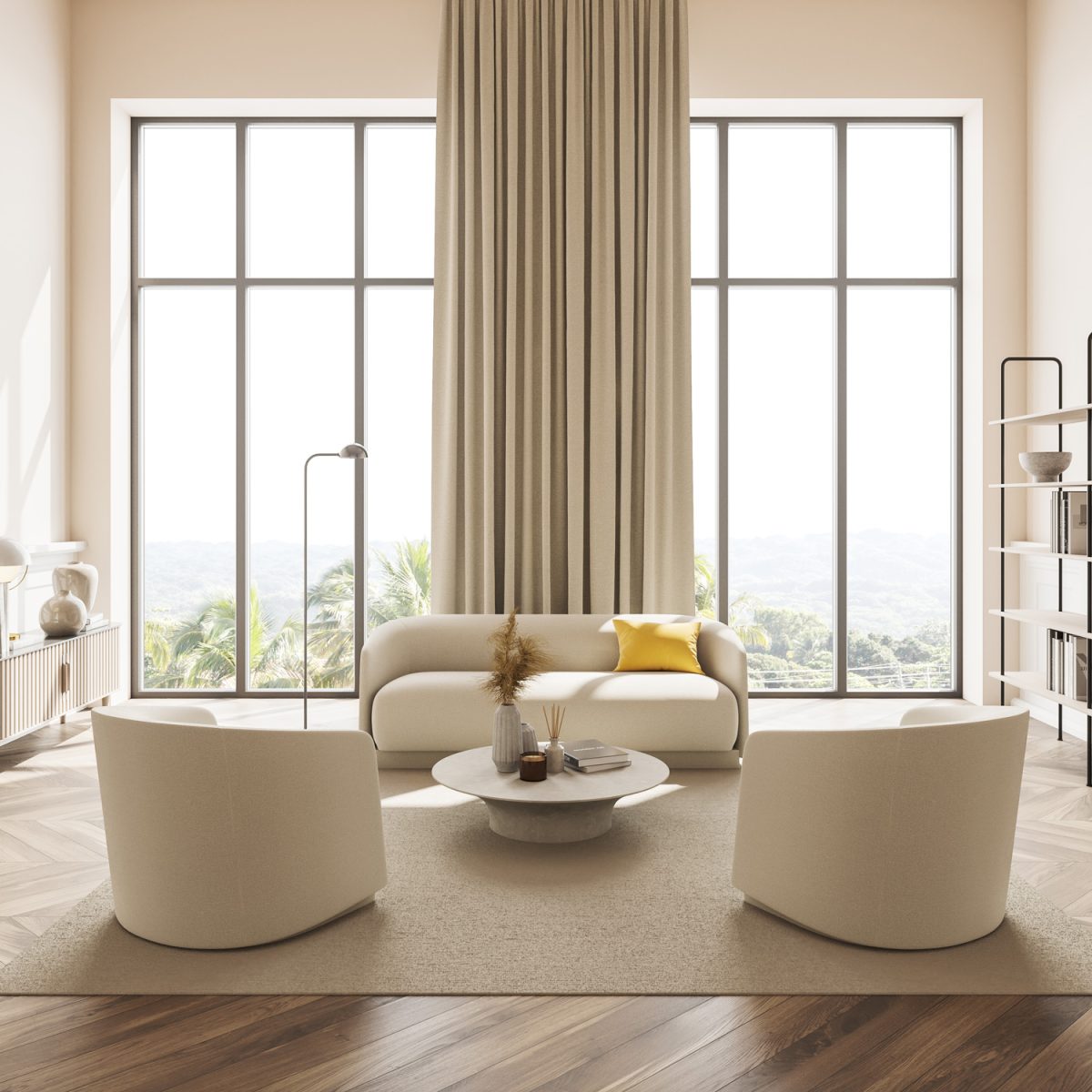 Beige modern design living room interior. Panoramic view from the window. 