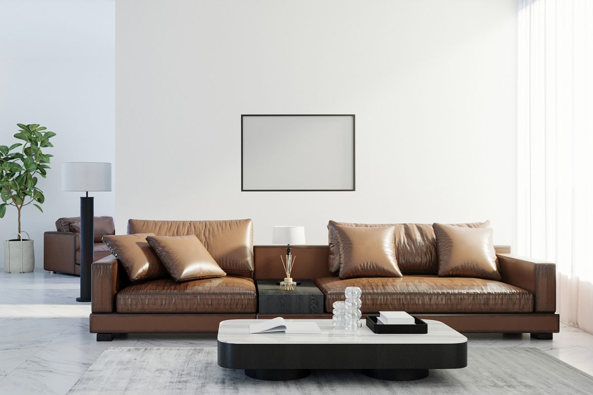 Blank horizontal poster frame mock up in scandinavian style living room interior, modern living room interior background, brown leather sofa