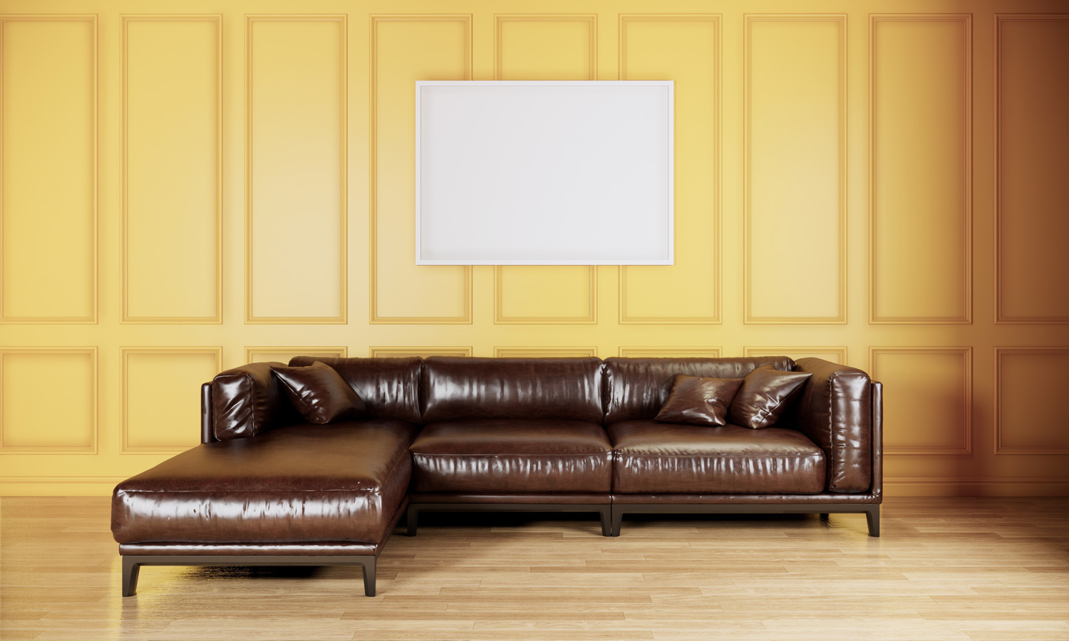 Blank picture frame mock up in yellow room interior with leather sofa, 