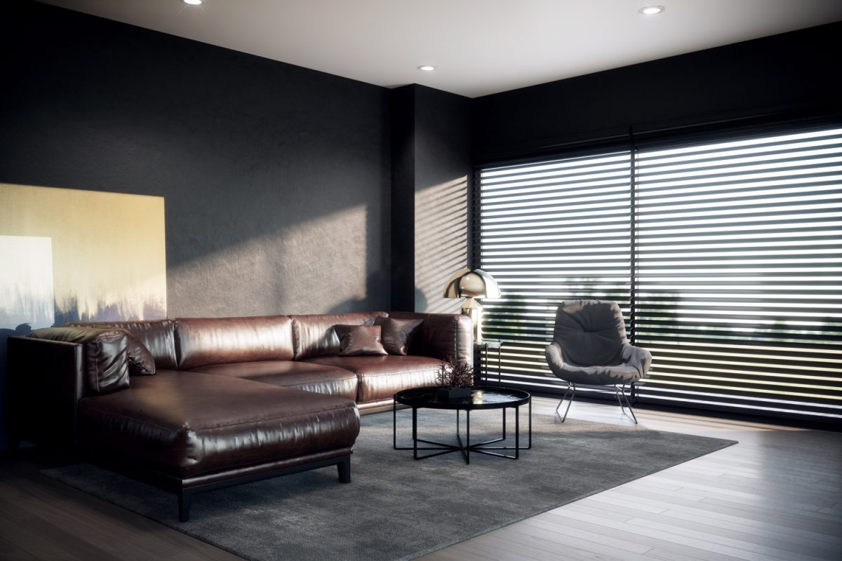 classic living room with dark grey interior design with brown leather sofa
