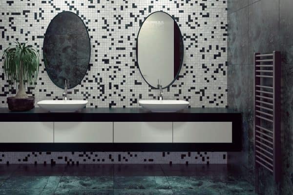Dark black and green tiled bathroom with round mirrors, black marble countertop and green tiled flooring, Should Bathroom Floor Tile Match Shower Tile