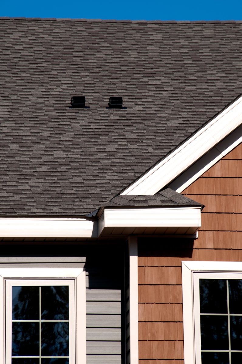 Detail of Asphalt shingles on a newly built home.


