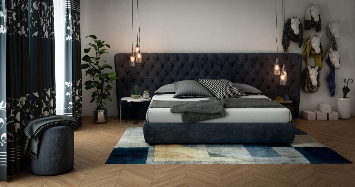 Digitally generated cozy and modern domestic bedroom interior design