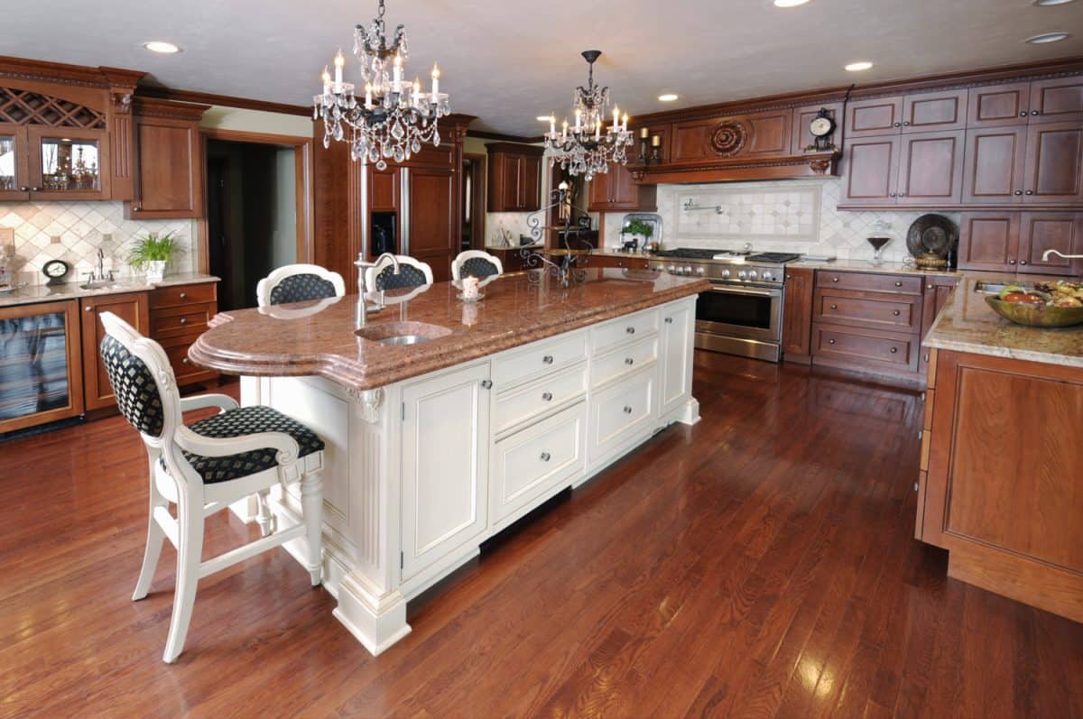 Dream Kitchen, Dark Hardwood Floors, Cabinets, Chandelier, Marble Granite Counters
