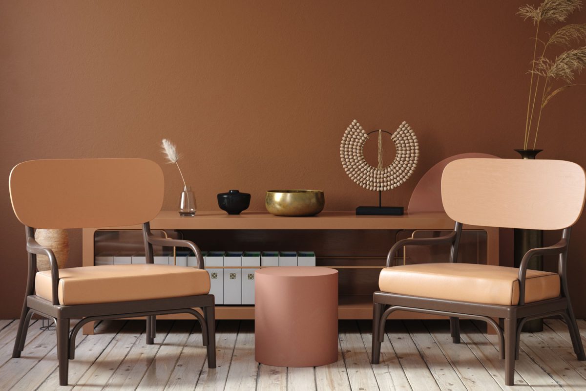 Fantastic design of brown furniture and wall create bizarre shade