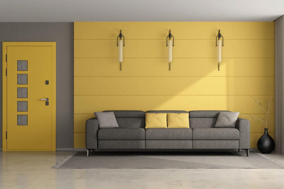 Gray and yellow interior design of a living room