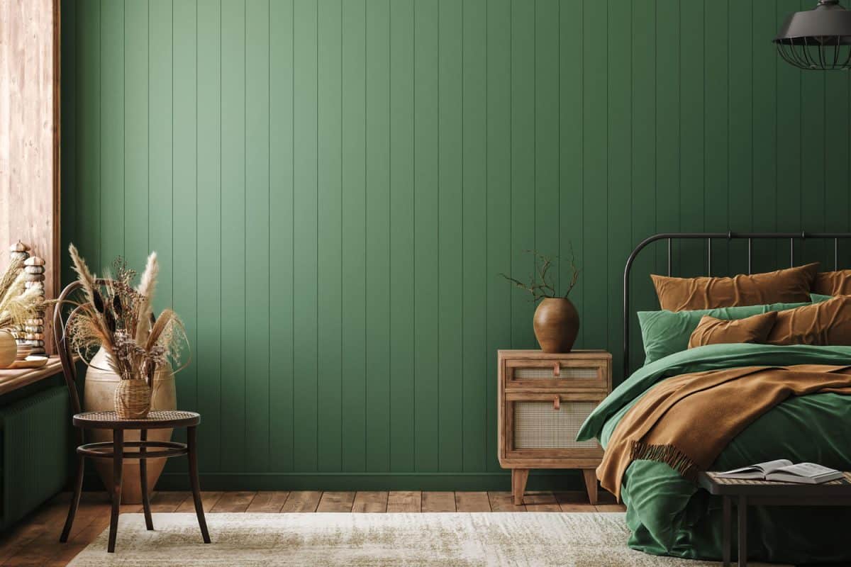 Green paneled living room inspired from a bohemian inspired design
