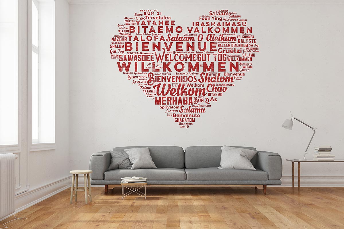 Heart shape stickers on the wall of a living room