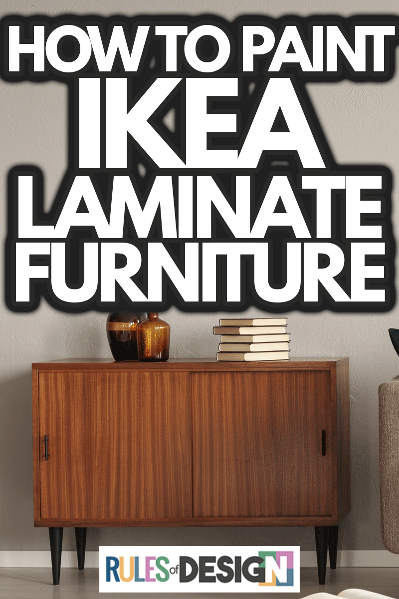 Books and vases on retro cabinet next to comfortable sofa with pillows, How To Paint IKEA Laminate Furniture