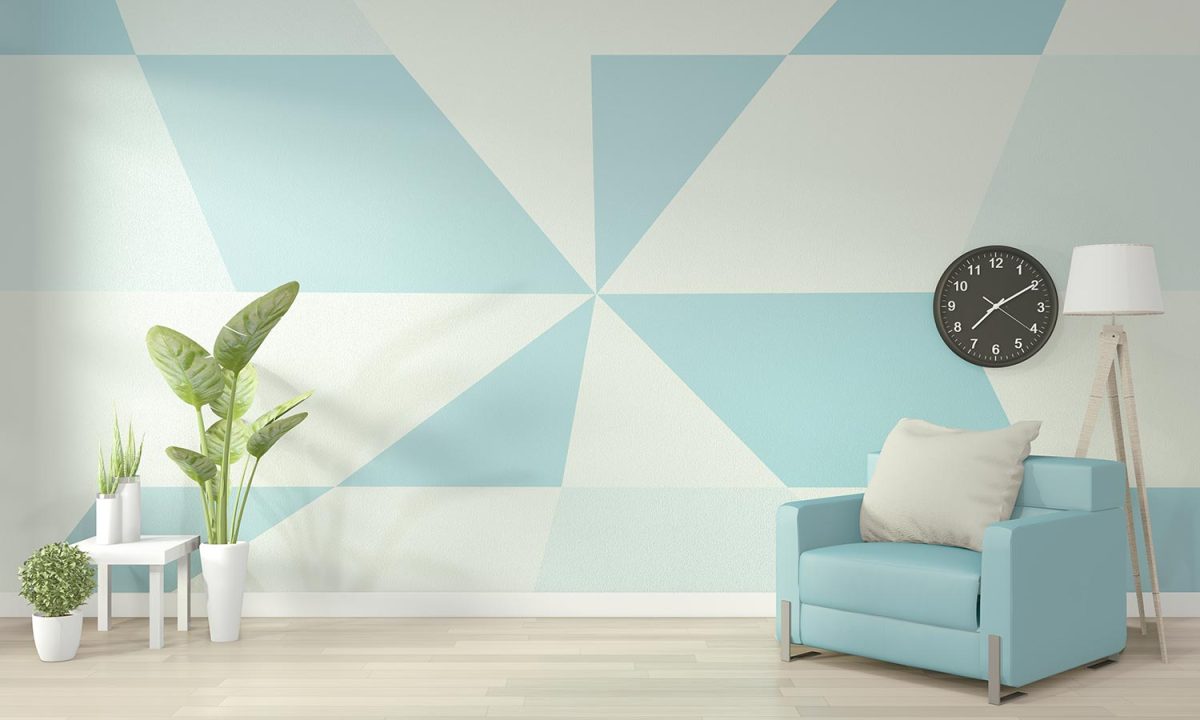 Ideas of light blue and white living room geometric wall art paint design color full style on wooden floor