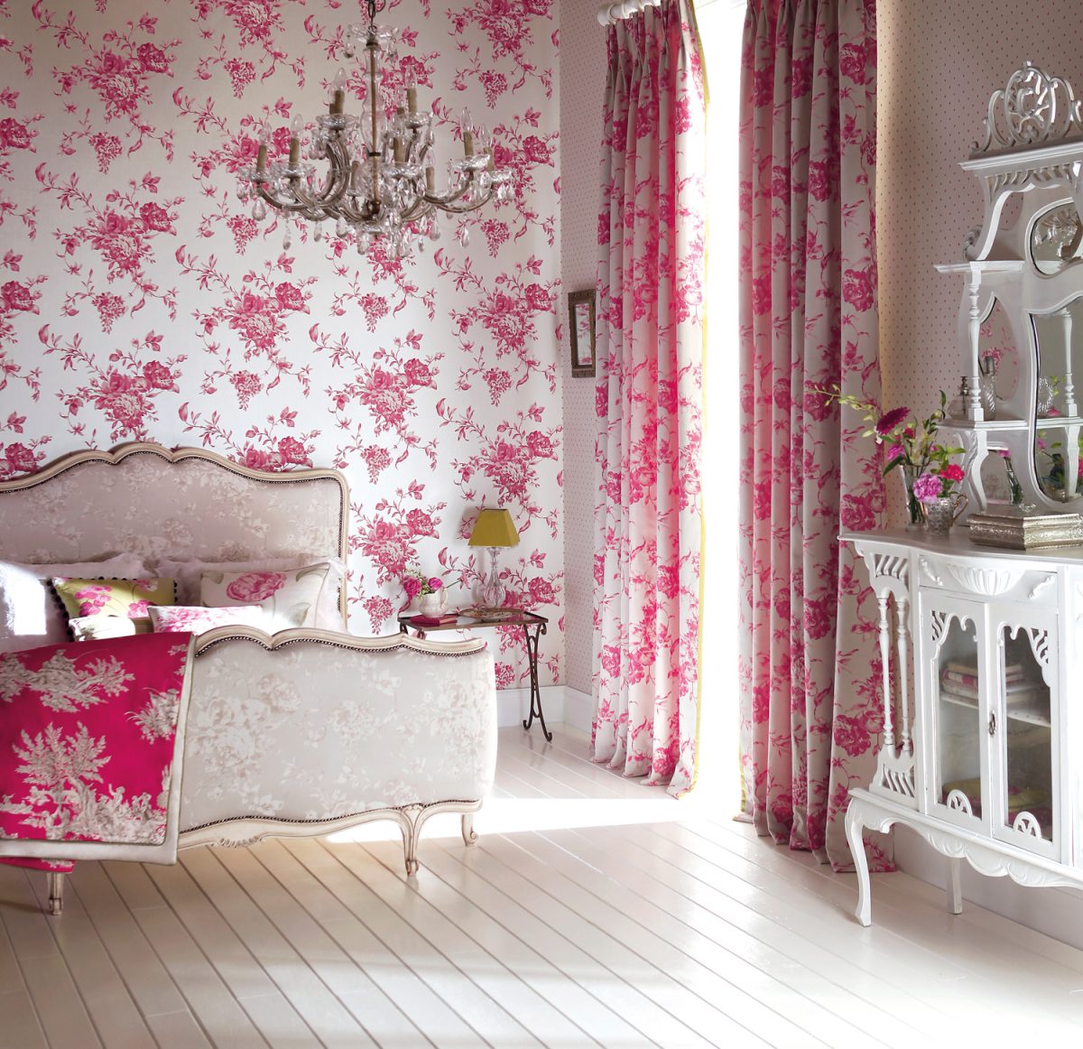 Interior of a contemporary bedroom with floral pattern wallpaper and curtains with classic style furniture


