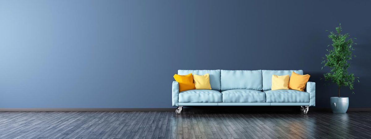 Interior of modern living room with blue sofa panorama