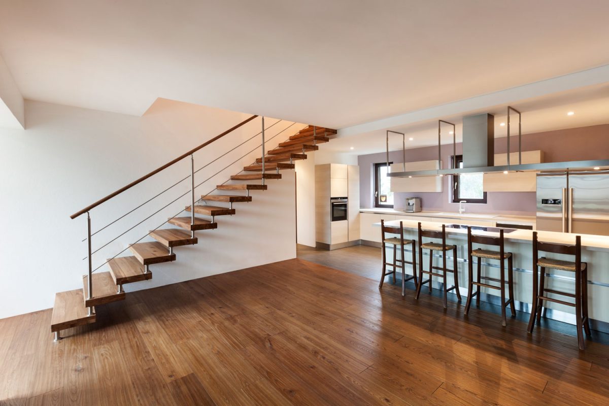 Kitchen View with modern and simple color of stairs and floor