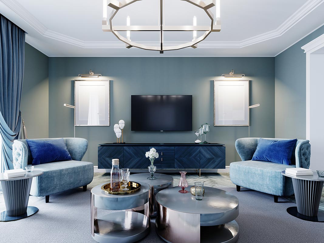 Luxurious fashionable living room in blue and light blue colors classic style