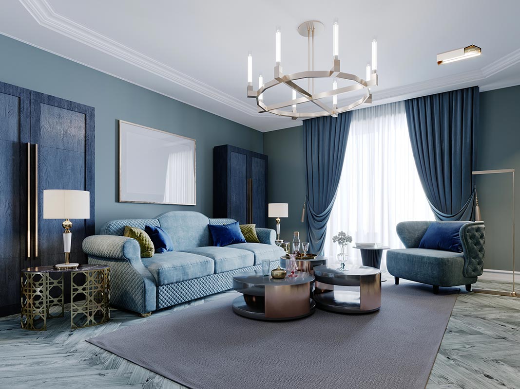 Luxurious fashionable living room in blue and light blue colors
