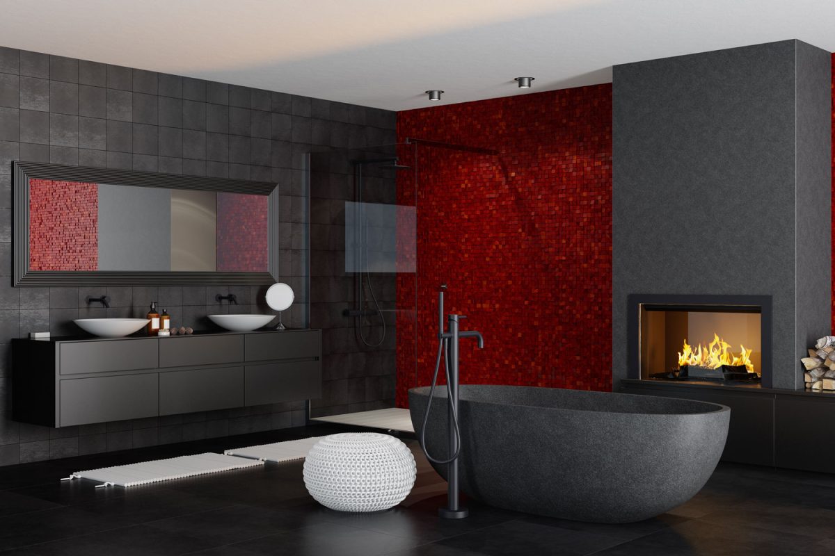 Luxurious modern gray and red color combination bathroom with a fireplace