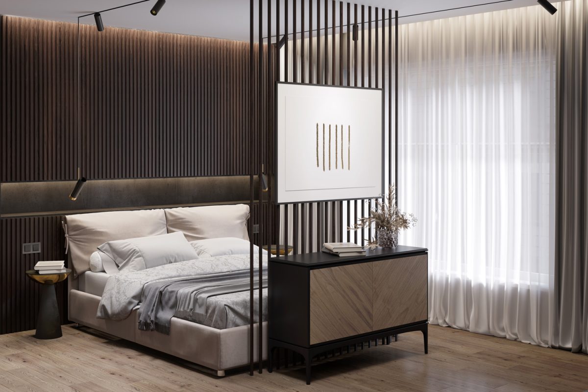 Modern bedroom with a horizontal poster on the partition wall, flowers in a vase on the chest of drawers, dark wood cabinets at the head of the bed, bedside tables, curtains near the window.