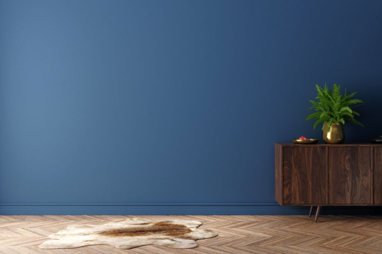 Minimalist Blue home interior with brown furniture, does blue go with brown furnitre?