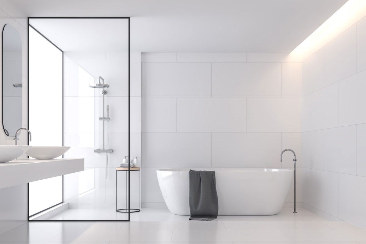 Minimalist inspired bathroom with white walls, glass shower area with a big white bathtub