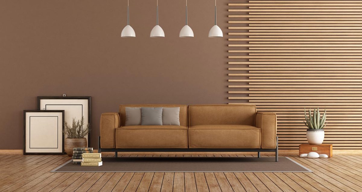Modern Living room with sofa and wooden paneling