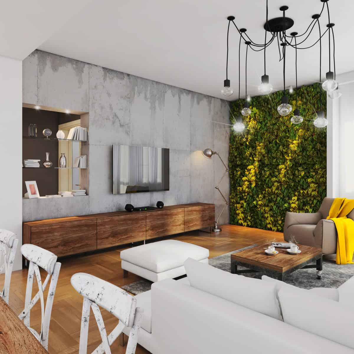 Modern hipster apartment interior. Open space loft, living room with dining room and kitchen in the back.