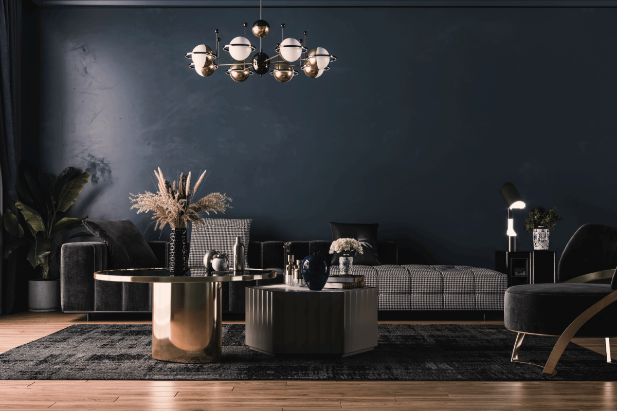 Modern interior design for home, office, interior details, upholstered furniture against the background of a dark classic wall.