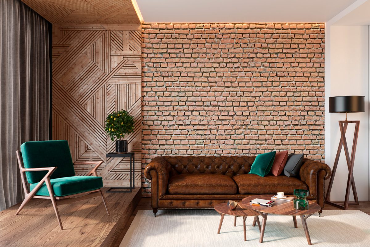 Modern living room interior with brick wall blank wall, leather brown sofa, green lounge chair, table, wooden wall and floor, plants, carpet, hidden lighting.