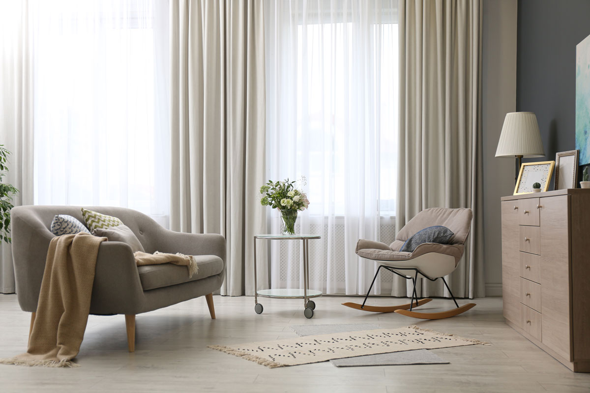 Modern living room interior with beautiful curtains on window, Do Beige Curtains Go With Gray Walls?