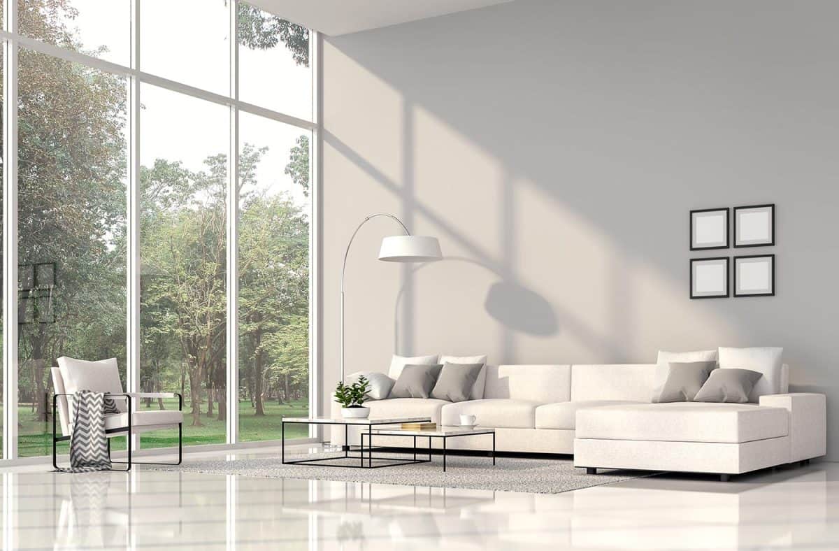 Modern living room interior with nature view