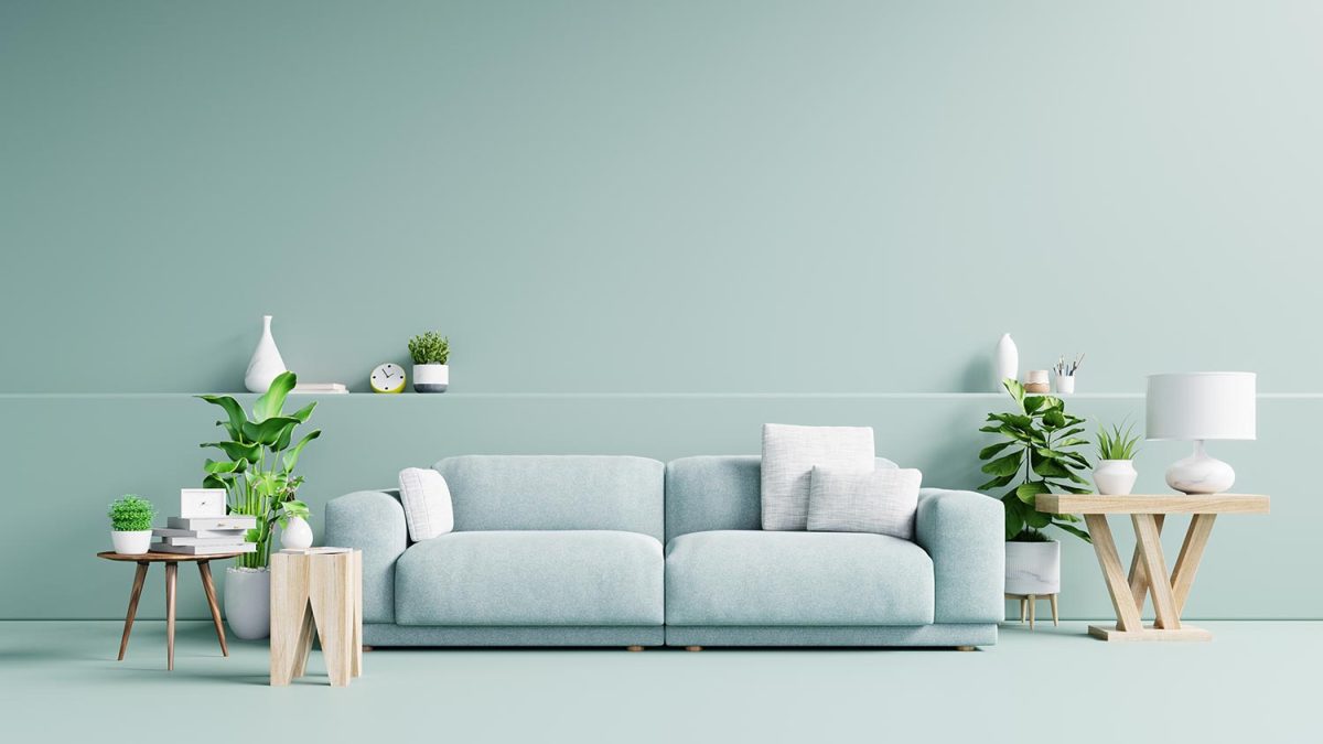 Modern living room interior with sofa and green plants,lamp,table on light green wall