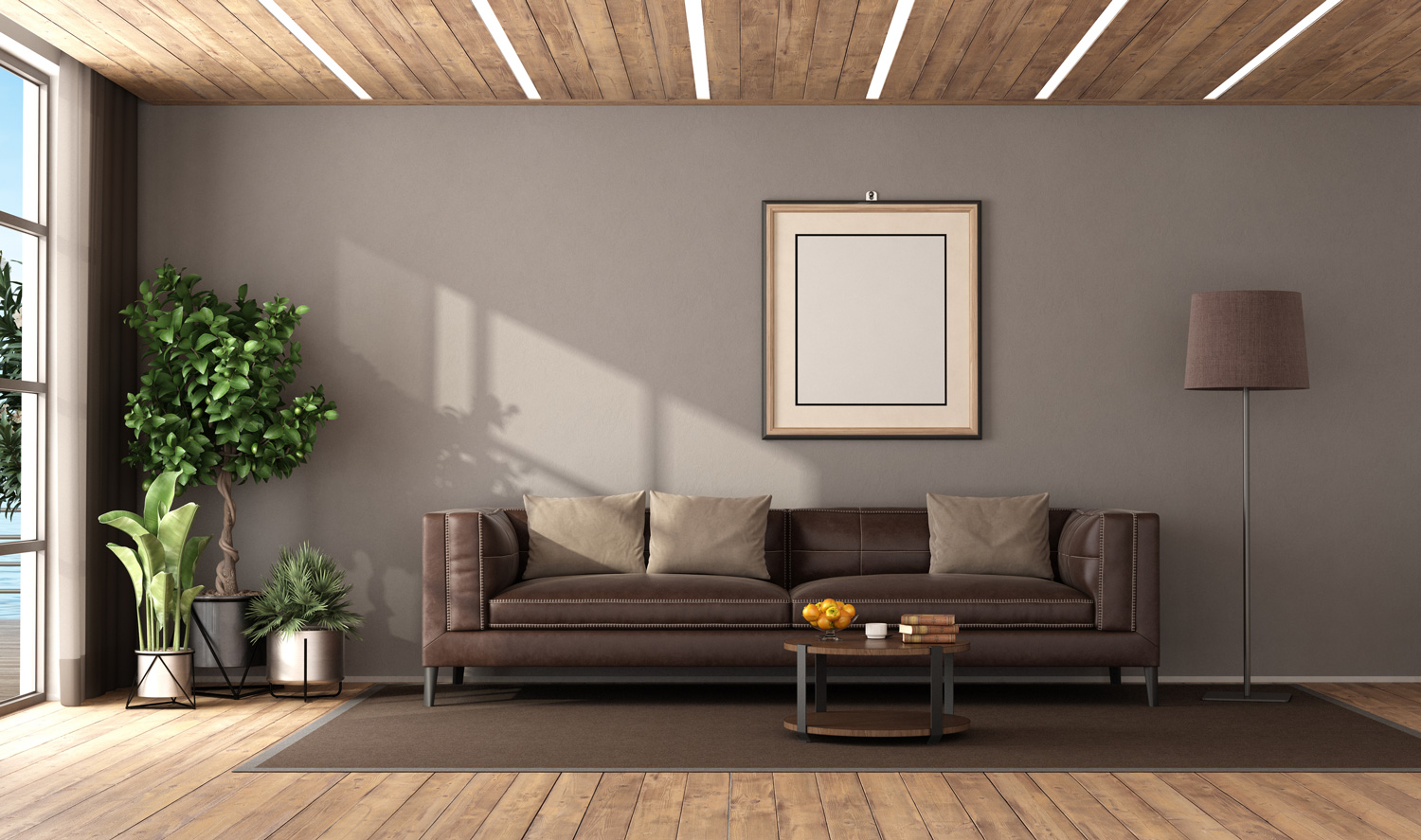 Modern living room with brown leather sofa and led light on wooden ceiling