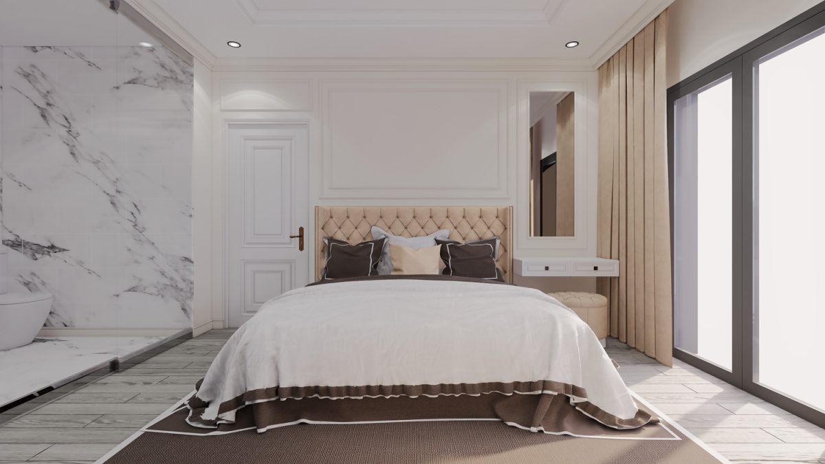 Modern luxury classic bedroom with see through bathroom beside