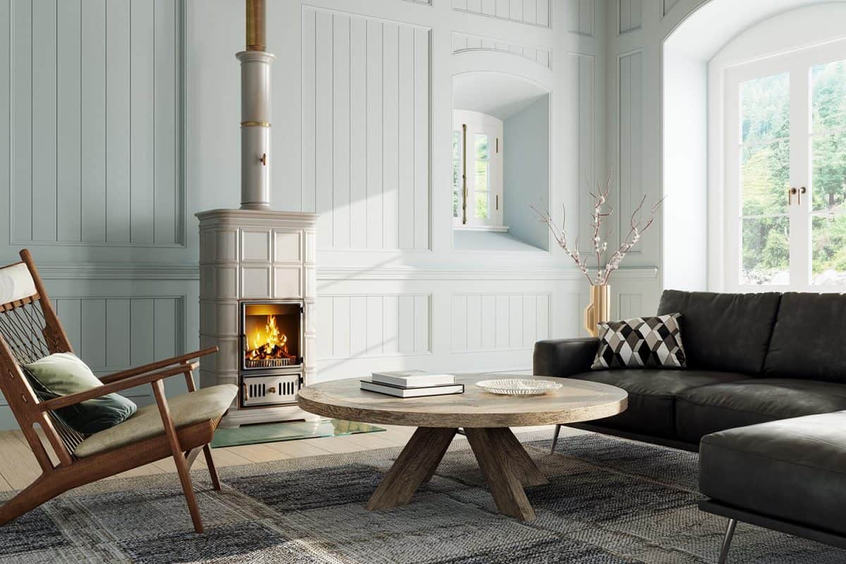 Modern natural interior design with burning fireplace