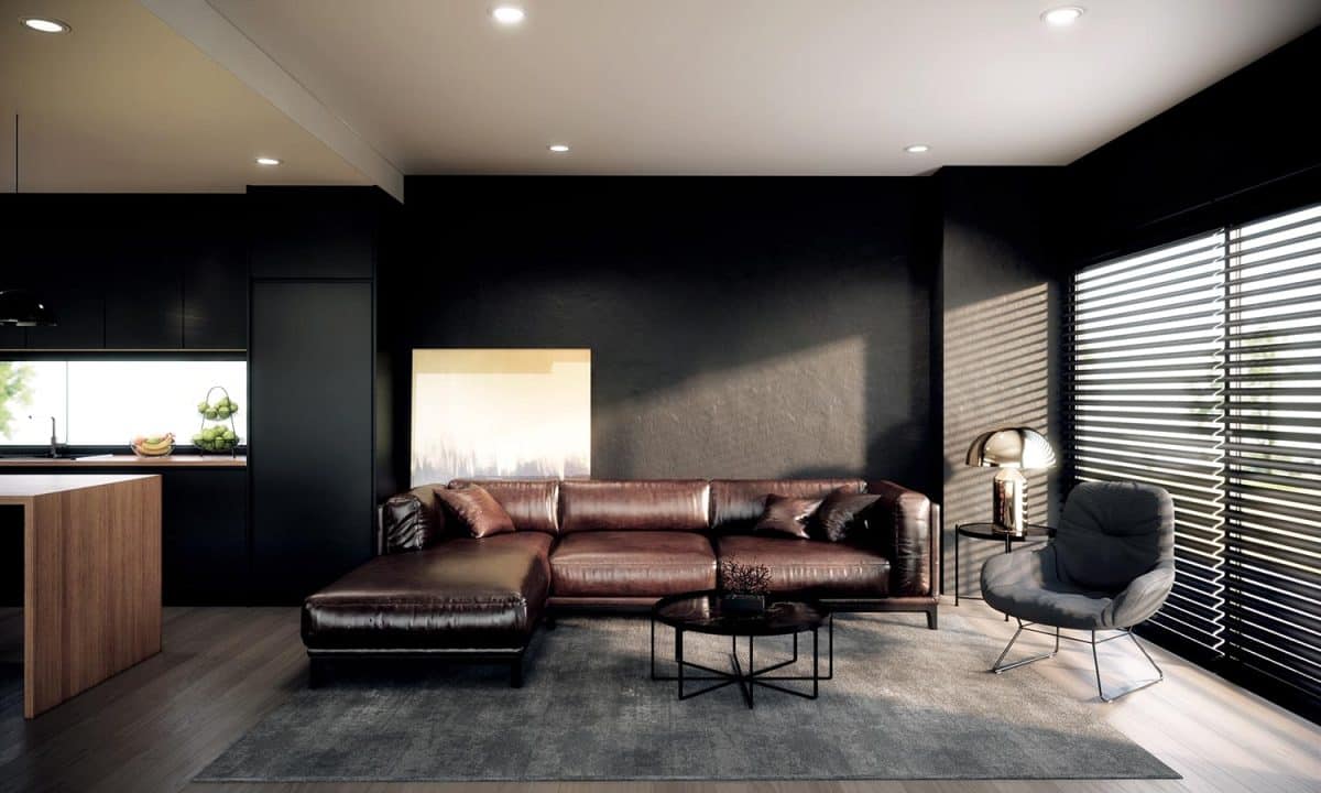 Modern retro room interior with leather sofa