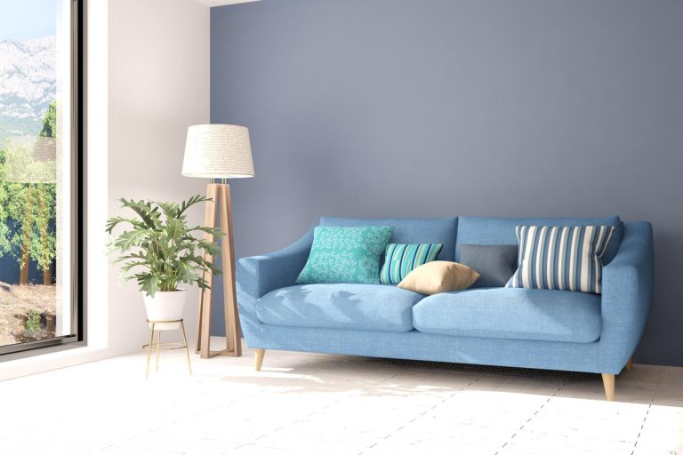 A modern room with light blue sofa and a floor lamp, 15 Color Schemes That Go With Light Blue Sofa