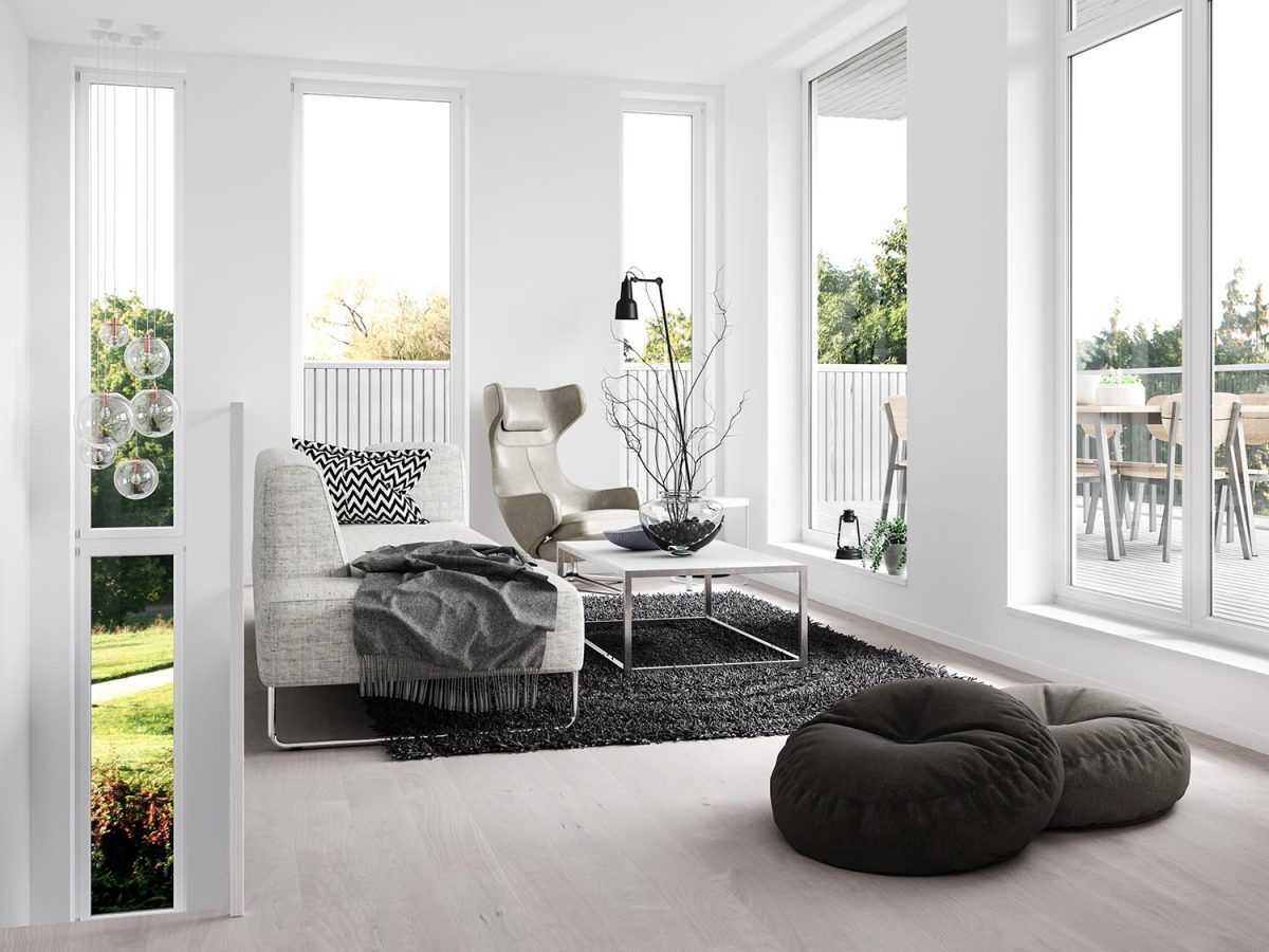 Modern room with white wall and multiple window