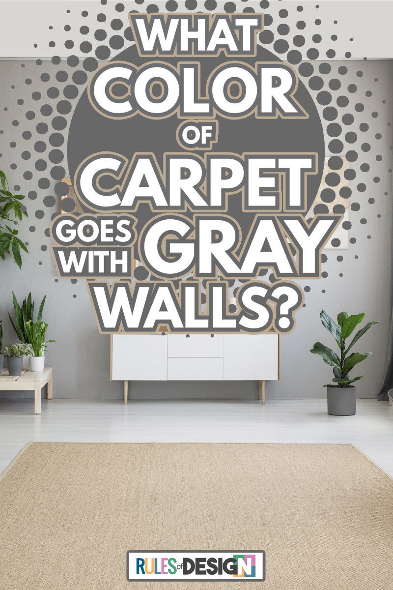 Posters on grey wall above white cupboard in bright living room interior with sofa and carpet. - What Color of Carpet Goes With Gray