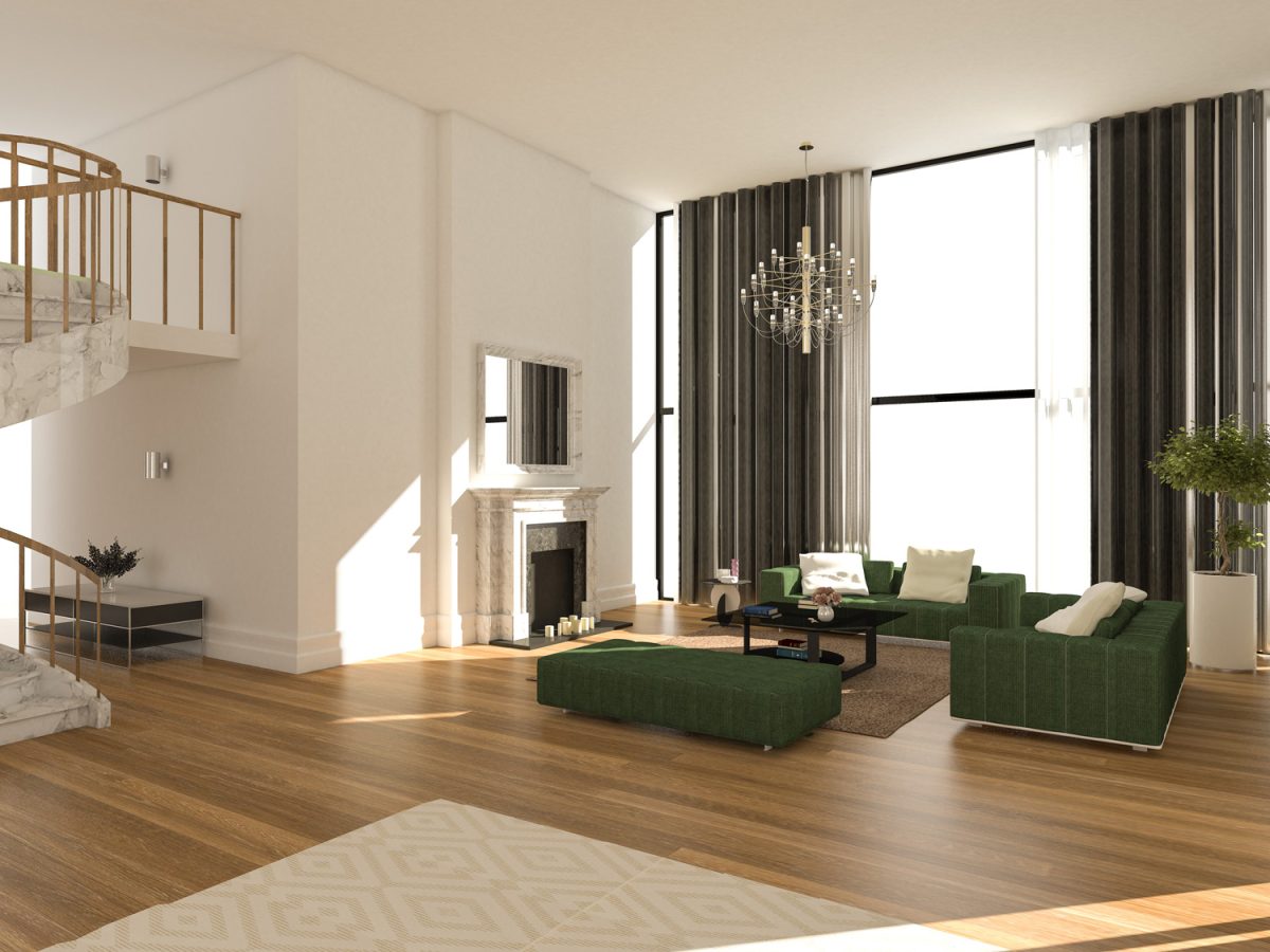 Render of two story modern living room

