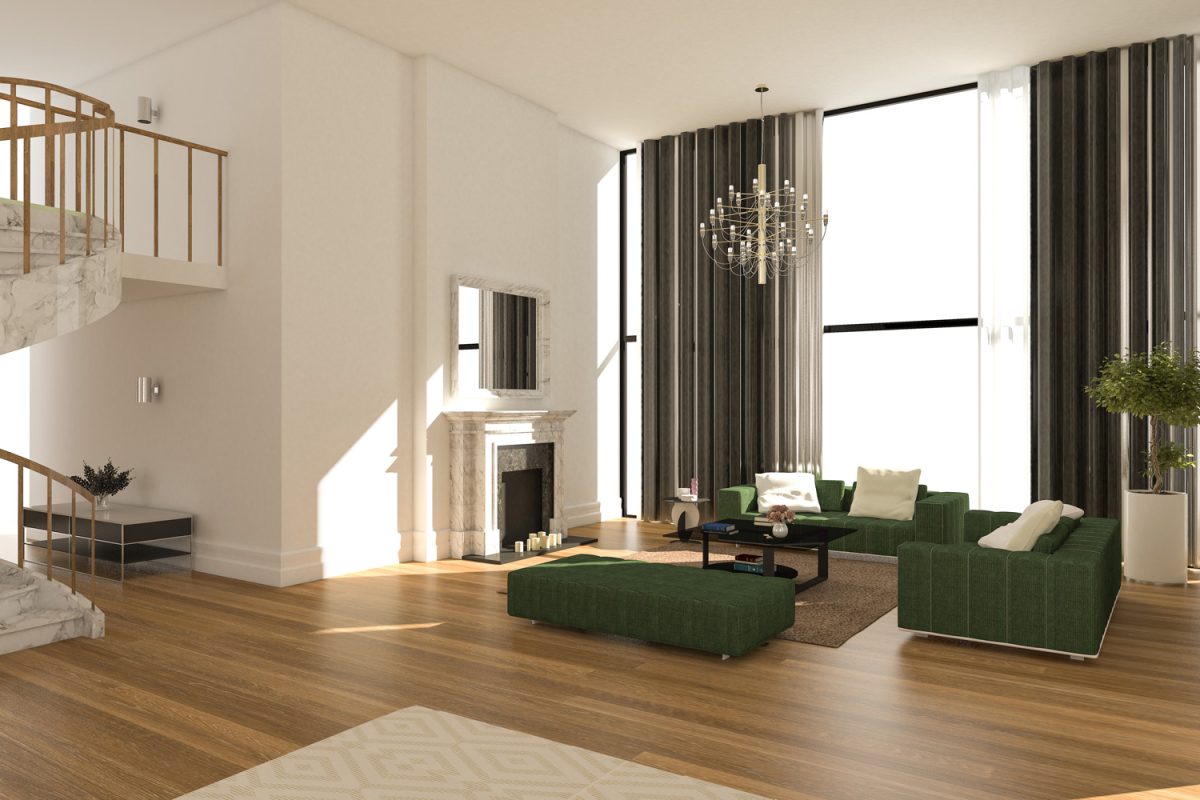 Render of two story modern living room - How To Hang Curtains With 9 Foot Ceilings
