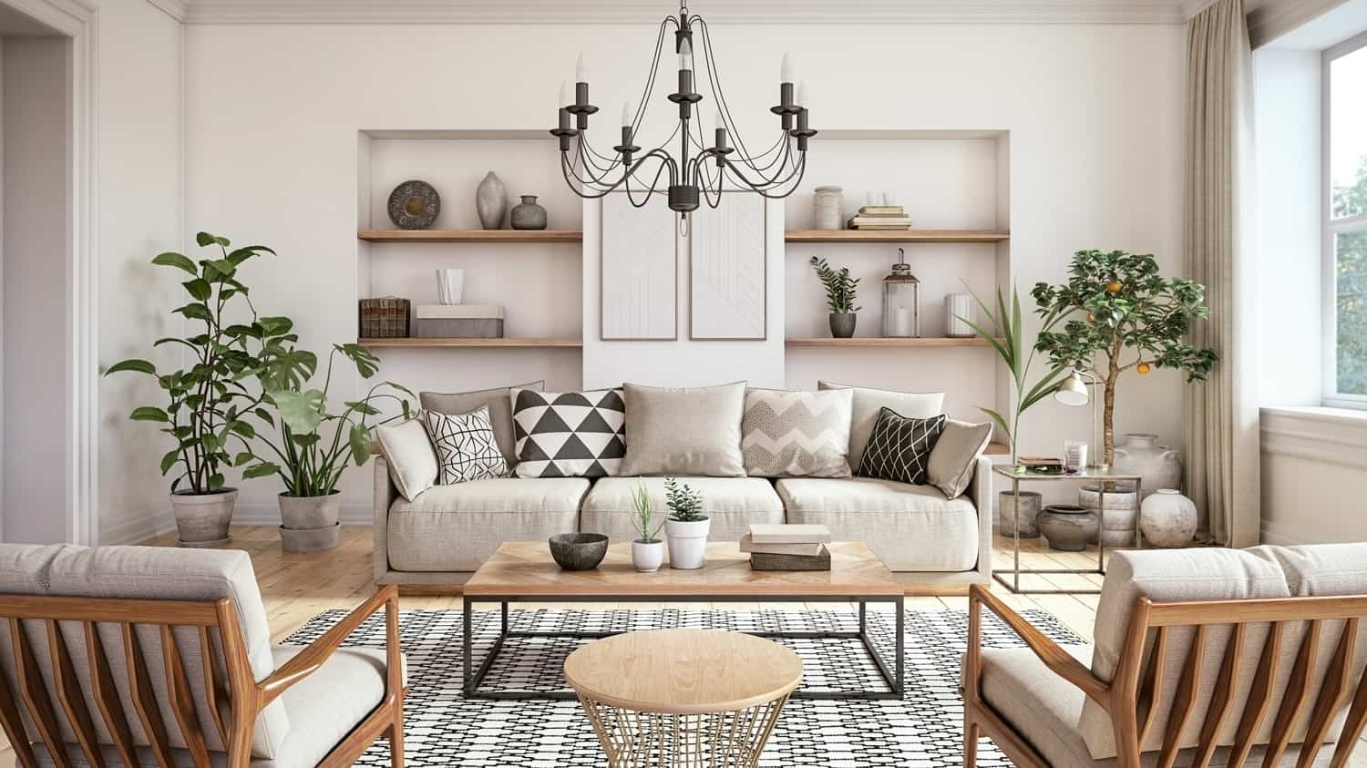 Scandinavian interior design living room 3d render with beige colored furniture and wooden elements