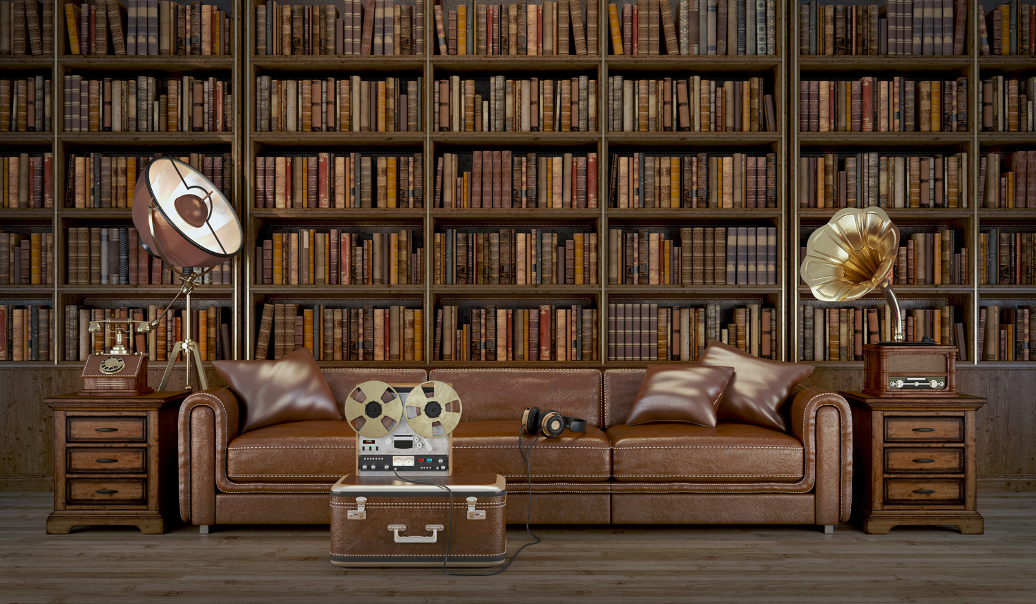 Vintage living room. Leather sofa and library with old phone, old recorder, old brass horn gramophone.