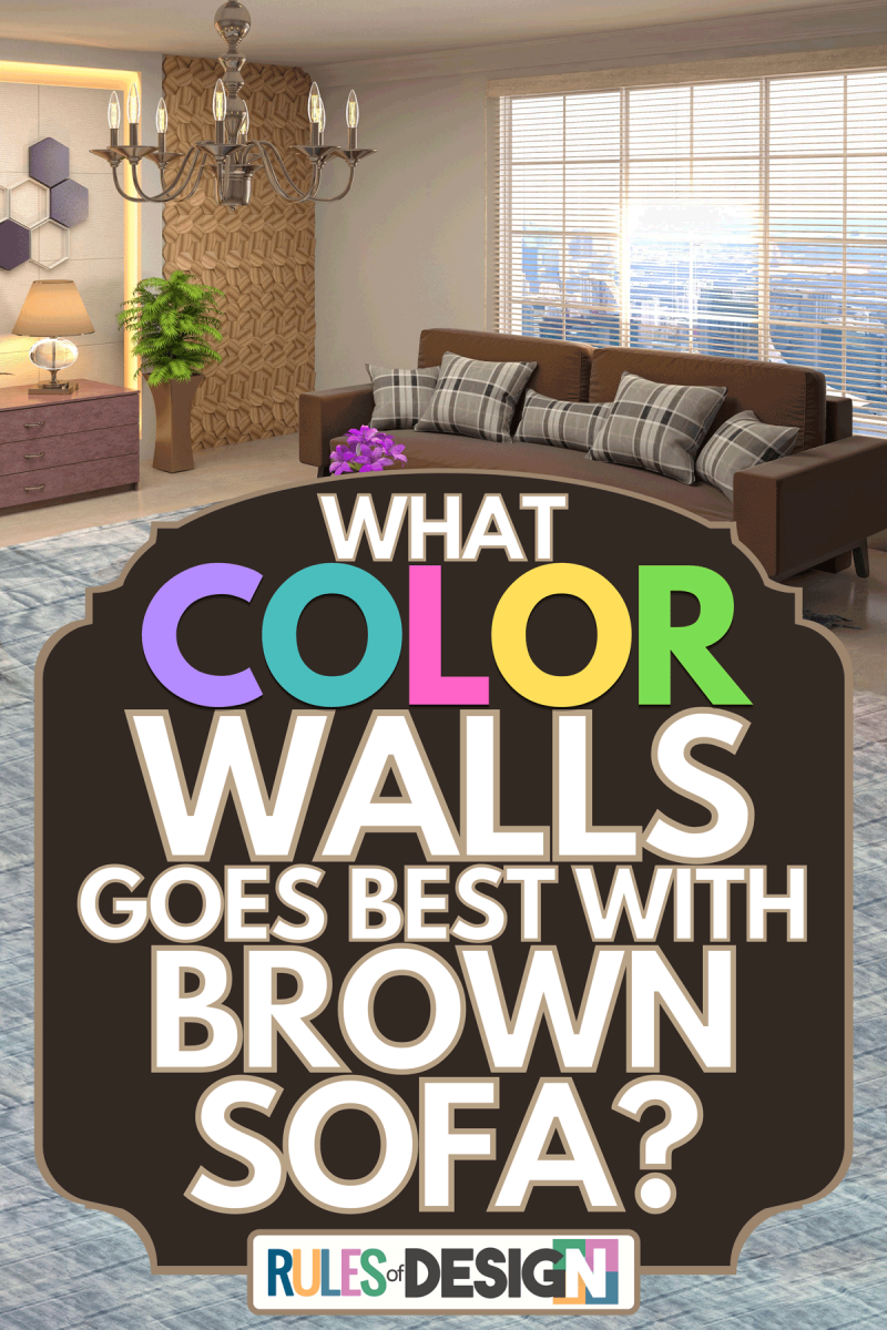 Living room with brown sofa and violet flower on white table, What Color Walls Goes Best With Brown Sofa?