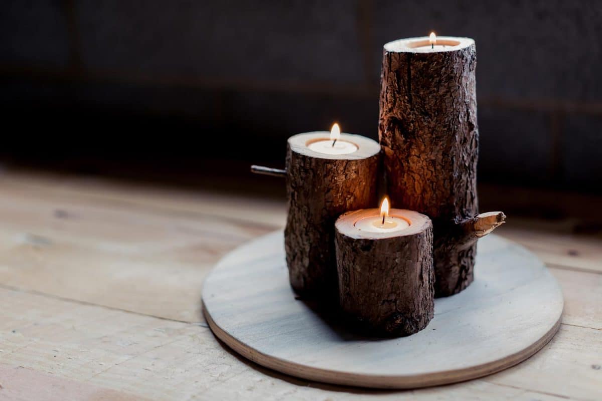 Woodwork project making three rustic wooden tea light candle holders