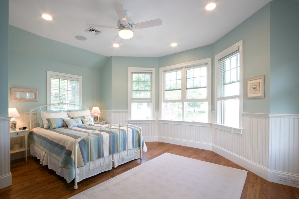 gorgeous master bedroom beach cottage with white fan matching color with ceiling