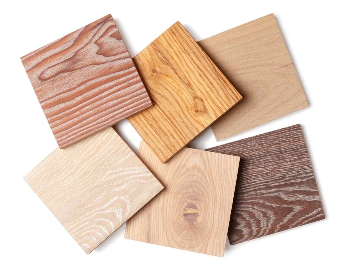 group of eight small samples of wooden parquet from different types of wood, different colors and textures for the designer's work.