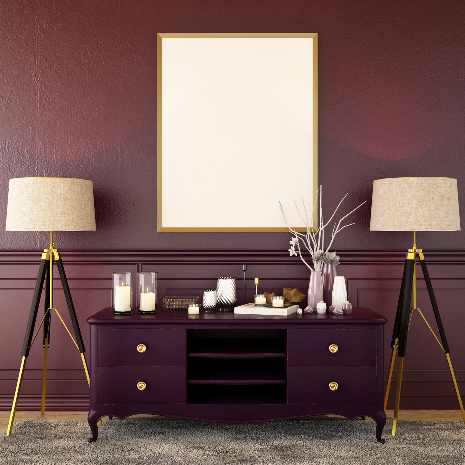 living interior design in classic style with decoration set on sideboard, velvet armchair on wooden floor and violet wall.
